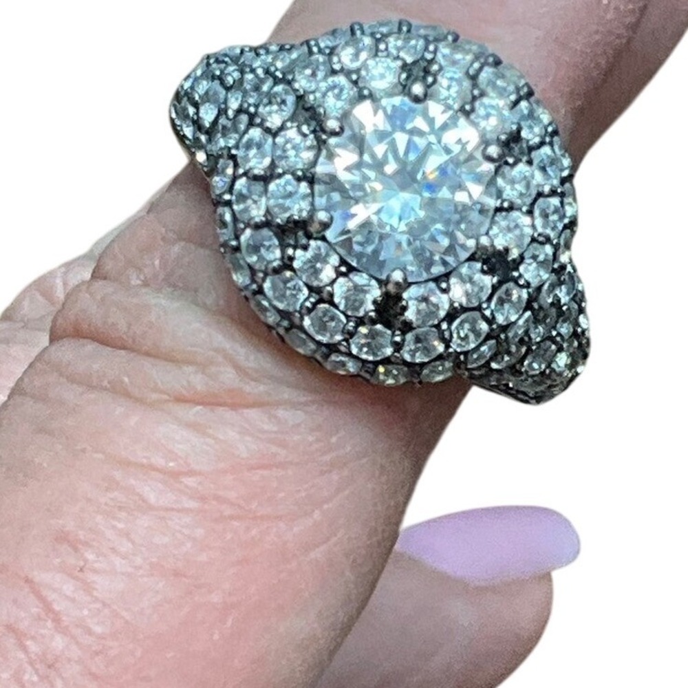 Statement Ring Cocktail Pave Crystal Rhinestone Silver 925 Band Size 9